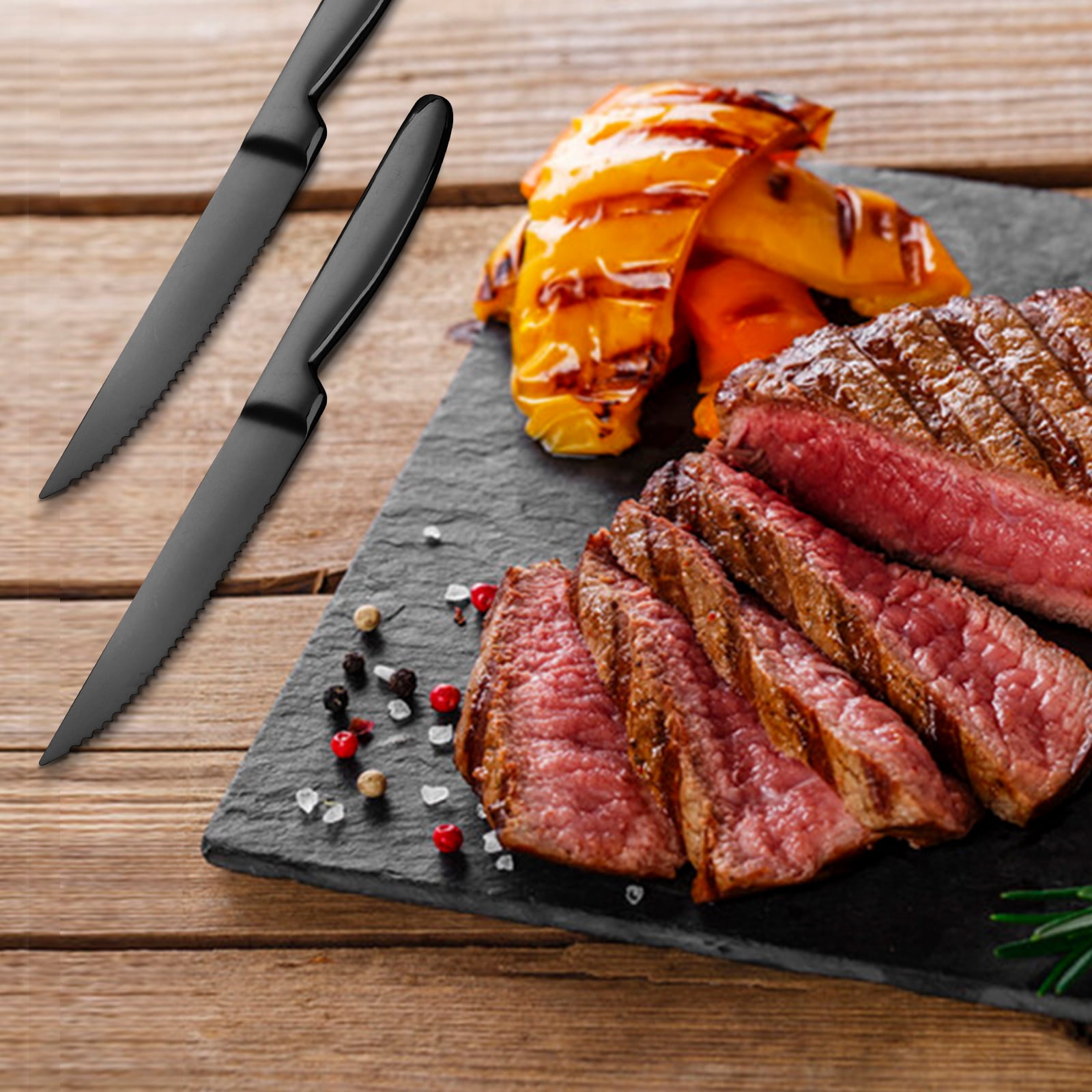Buyer Star Black Steak Knife Sets, 6-Pieces Stainless Steel Kitchen Steak Knives-Easy to Clean and Non-Stick, 8.6 Inch, Dishwasher Safe