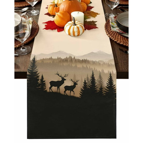 Fall Table Runner Thanksgiving Deer Forest Table Runners Mountain Tree Nature Woods Cotton Linen Dresser Scarf Kitchen Dining Table Decor for Fall Holiday Party Decor 13x36 Inch