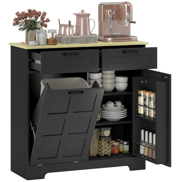 HOMCOM Armoire à Déchets Basculante, Îlot de Cuisine avec Armoire à Déchets, Noir