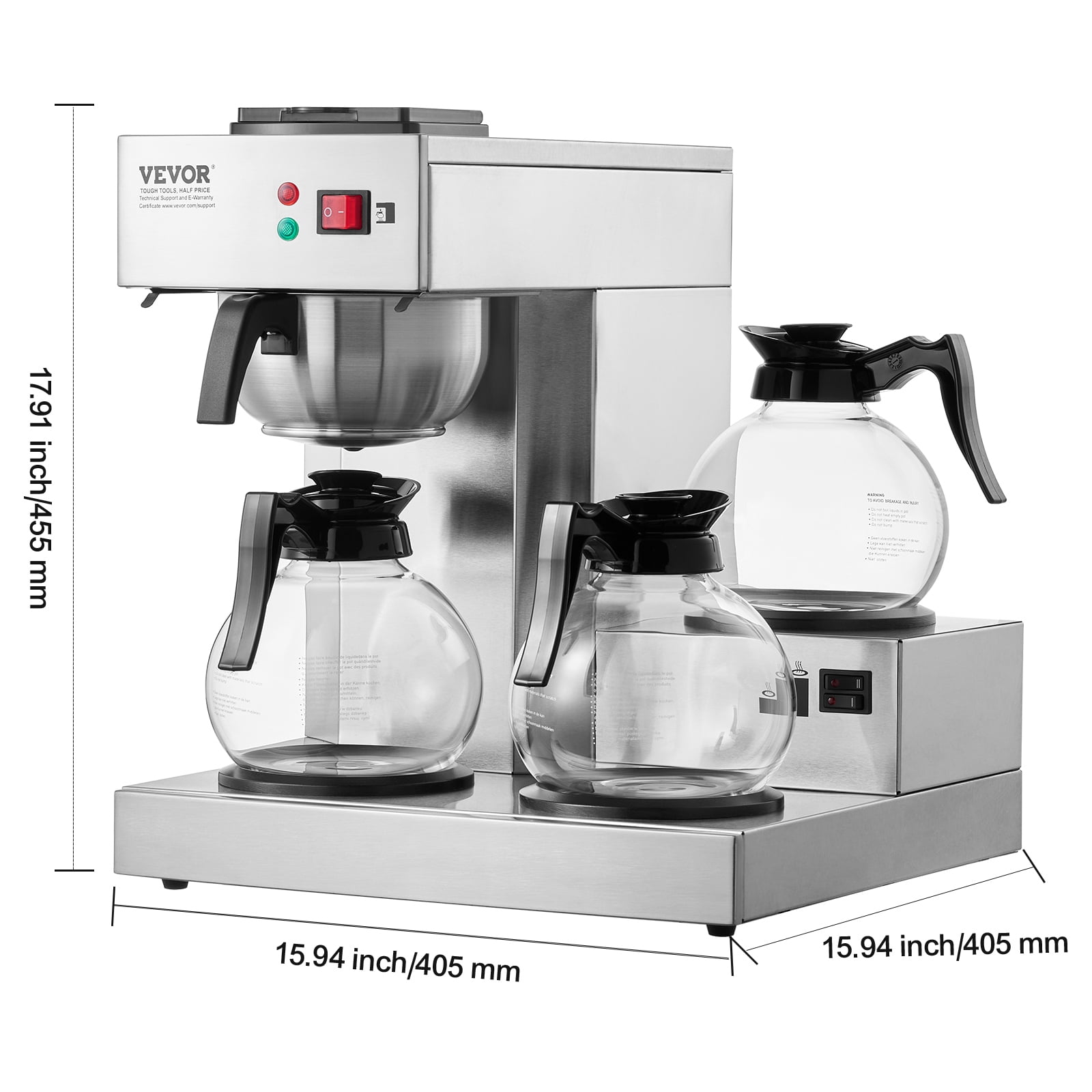 VEVOR 12 Cups Commercial Drip Coffee Maker, Coffee Maker Machine with 3 Glass Carafes and 3 Warmer Plates, Stainless Steel Pour Over Coffee Brewer with Auto Water Intake, for Restaurant Office Cafe
