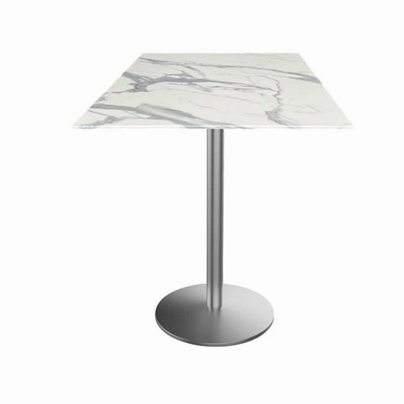 Indoor/Outdoor 42" Tall OD214 Stainless Steel Table Base with 22" Diameter foot and 32" x 32" Square Indoor/Outdoor White Marble Top by the Holland Bar Stool Co.