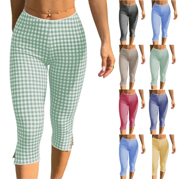 Admvng Womens Gingham Capri Leggings High Waist Lace Trim Side Slits Outdoor Capris