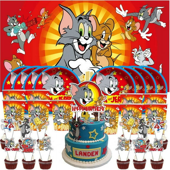 Tom and Jerry Birthday Cups Party Supplies Decor Backdrop Paper Plates Fans Decorations Banner