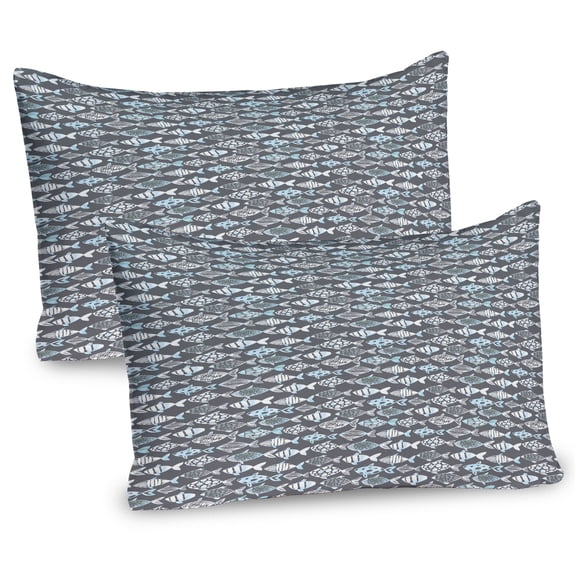 Ambesonne Fish Pillow Sham 2 Pack, Abstract Fishing Theme, 36"x20", Pale Blue White Grey