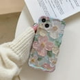 thumbnail image 2 of Case for iPhone 14 Pro Max, Colorful Retro Oil Painting Flower Laser Beam Glossy Pattern Cute Curly Wave Border Exquisite Phone Cover-Green, 2 of 5