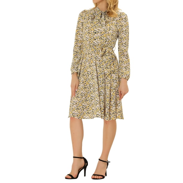 Vestidos de cuello atado para mujeres Inspire Chic, vestido vintage floral de chiffon con mangas largas y cinturón en azul marino y amarillo