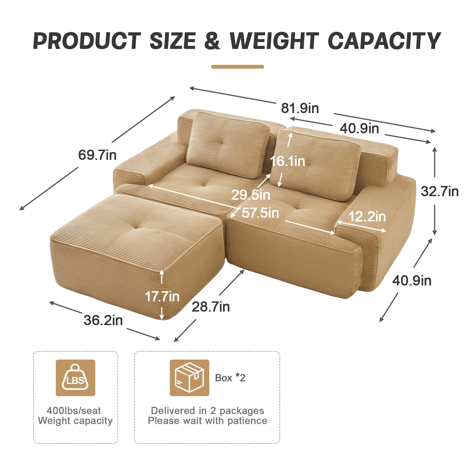 Yoneston 82" L-Shaped Modular Sectional Sofa 2 Seater Couch with Cushions and Ottoman, No Assembly Corduroy Loveseat Sofa for Living Room Bedroom Apartment, Camel
