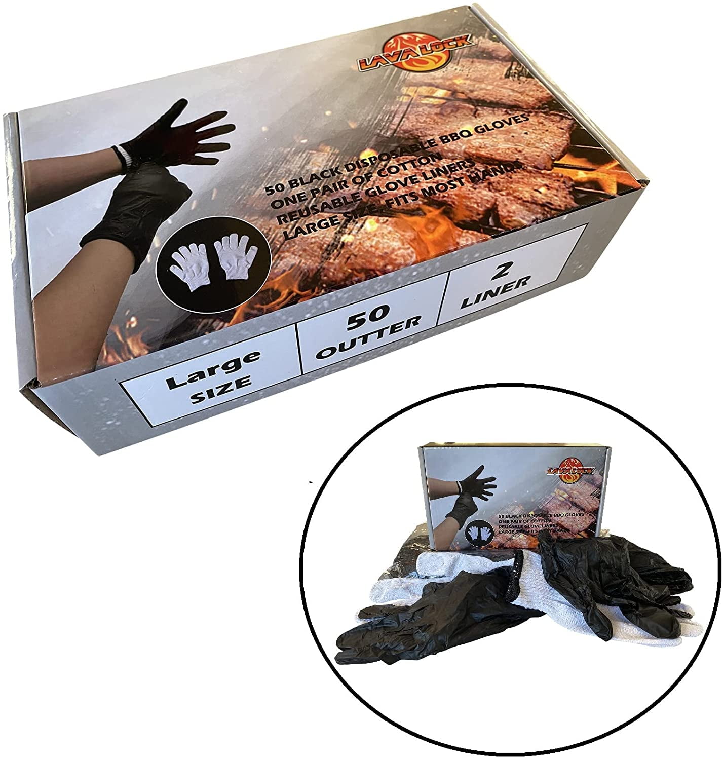 50 Ct Black Disposable Nitrile BBQ Gloves with 2 Cotton Liners for