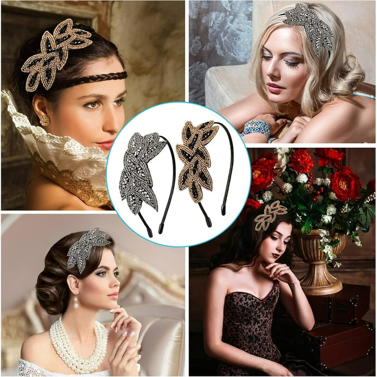 1920s 20s Great Gatsby Black Headband Vintage Bridal Headpiece Costume Accessory - Foto 3