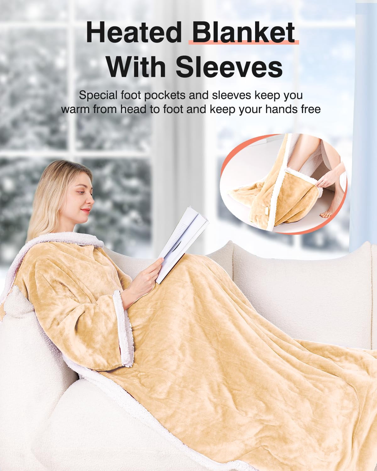 Ocuuziisu Wearable Heated Throw Blanket with Pockets, 50" x 70" Flannel and Sherpa Electric Wrap Poncho Shawl, 4-Hour Auto Shut Off, Machine Washable, Beige