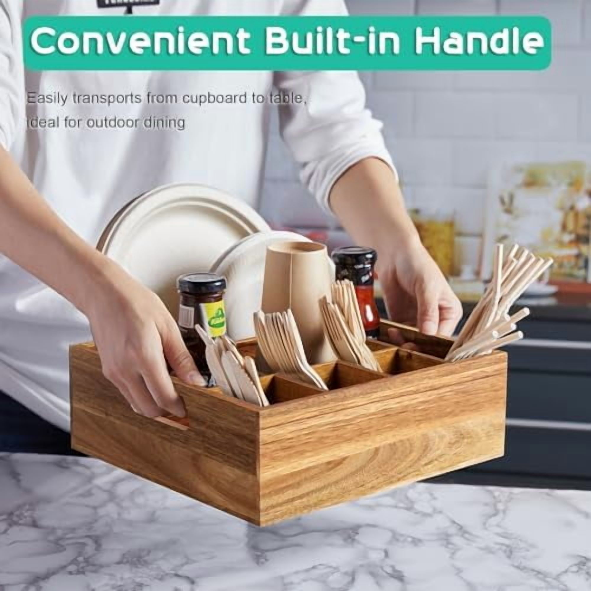 Acacia Wood Utensil Holder for Party - Paper Plate Organizer for Countertop - Silverware Caddy with 6 Compartments for Plate, Cup, Fork, Spoon - Cutlery Holder for Kitchen Camping Buffet