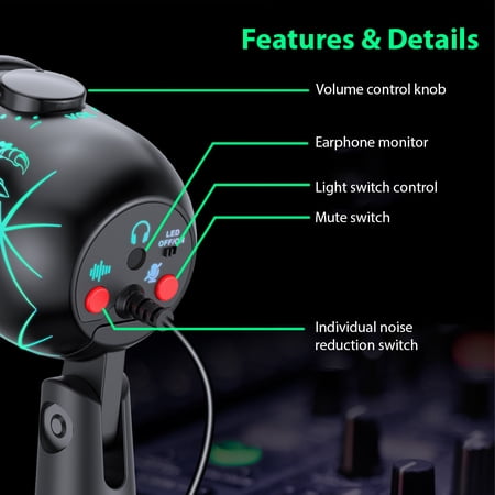 M Buder USB Condenser Microphone for PC Laptop, RGB Gaming Mic with Noise Reduction, 6.6 ft / 2m Cable, Real-Time Monitoring & Mute for Streaming Podcast Voiceover