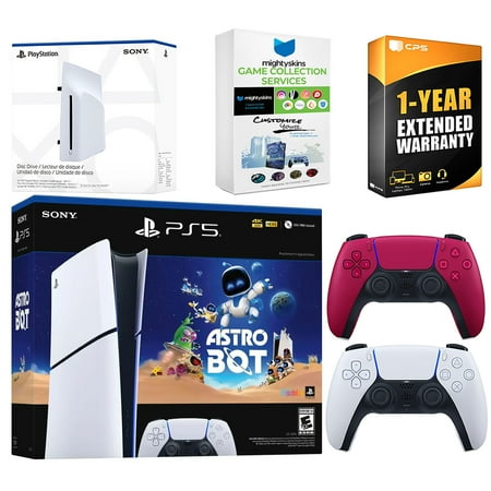 Sony PlayStation 5 Astro Bot Slim Digital Bundle with Disc Drive, Extra Controller, MightySkins Game Collection Services and 1 Year Extended Warranty - Cosmic Red