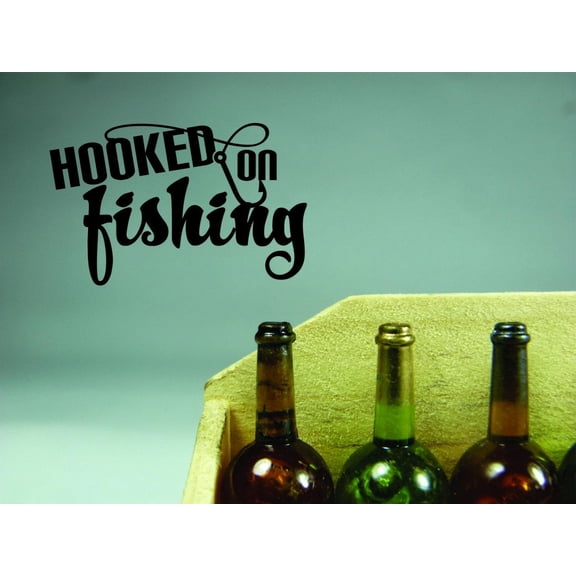 Decal - Peel & Stick Wall Sticker Hooked On Fishing Quote Outdoor Sports Wildlife Men Home Decor Picture Art 20 x 40 Inches