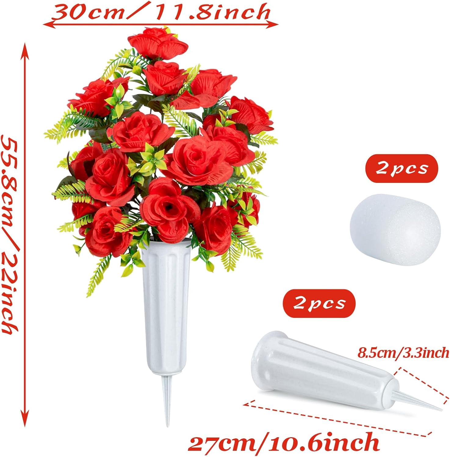 Artificial Cemetery Flowers with Vase, Set of 2 Artificial Rose Bouquet Graveyard Memorial Flowers for Cemetery Headstones Decoration (Yellow-2Pcs)