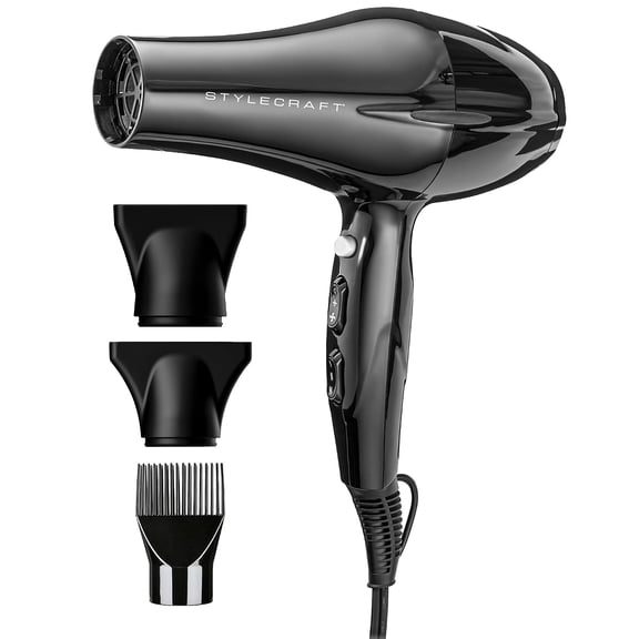 StyleCraft Stay-Temp 1875W Ionic Hair Dryer with Diffuser and Concentrator Nozzle, Black