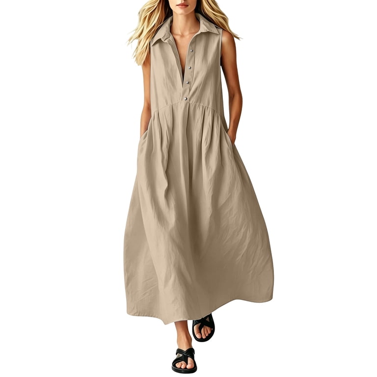 cotton sleeveless shirt dress Womens Cotton-Linen Sleeveless Solid-Color Shirt Dress Orange / S