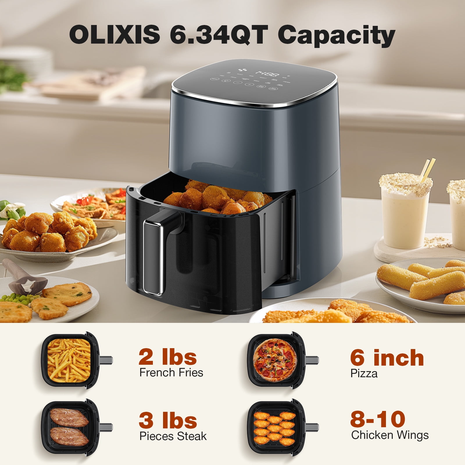 CONCETTA Air Fryer 12-in-1, Compact & Large 6-Qt with Window Square Air Fryer, Roast, Reheat, Dehydrate, Bake, Steam with 400F, Gray
