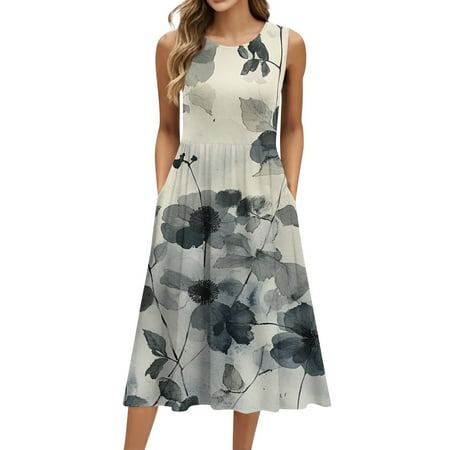 Biziza Long Casual Dresses for Women 2025 Gray Vintage Causal Floral Sleeveless Elegant Dresses Lightweight Cotton Stretch Polyester Round Neck Corset Dress with Pockets