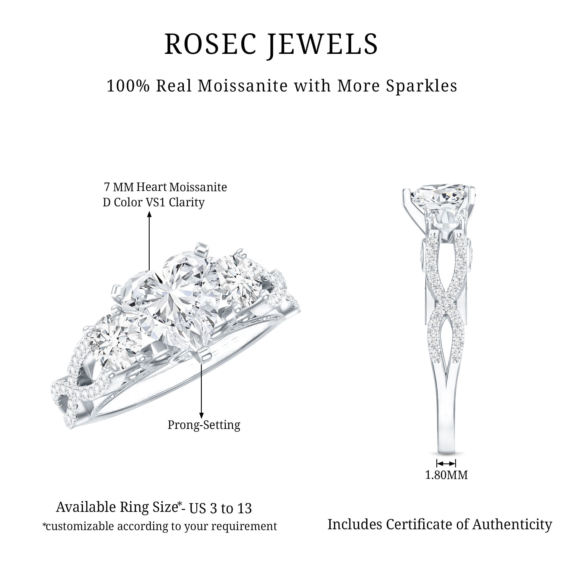 Rosec Jewels Heart Shape Moissanite Engagement Ring for Women - 7 mm - D-VS1 Quality Moissanite Statement Ring with Jewelry Box, 925 Sterling Silver, US 4.00
