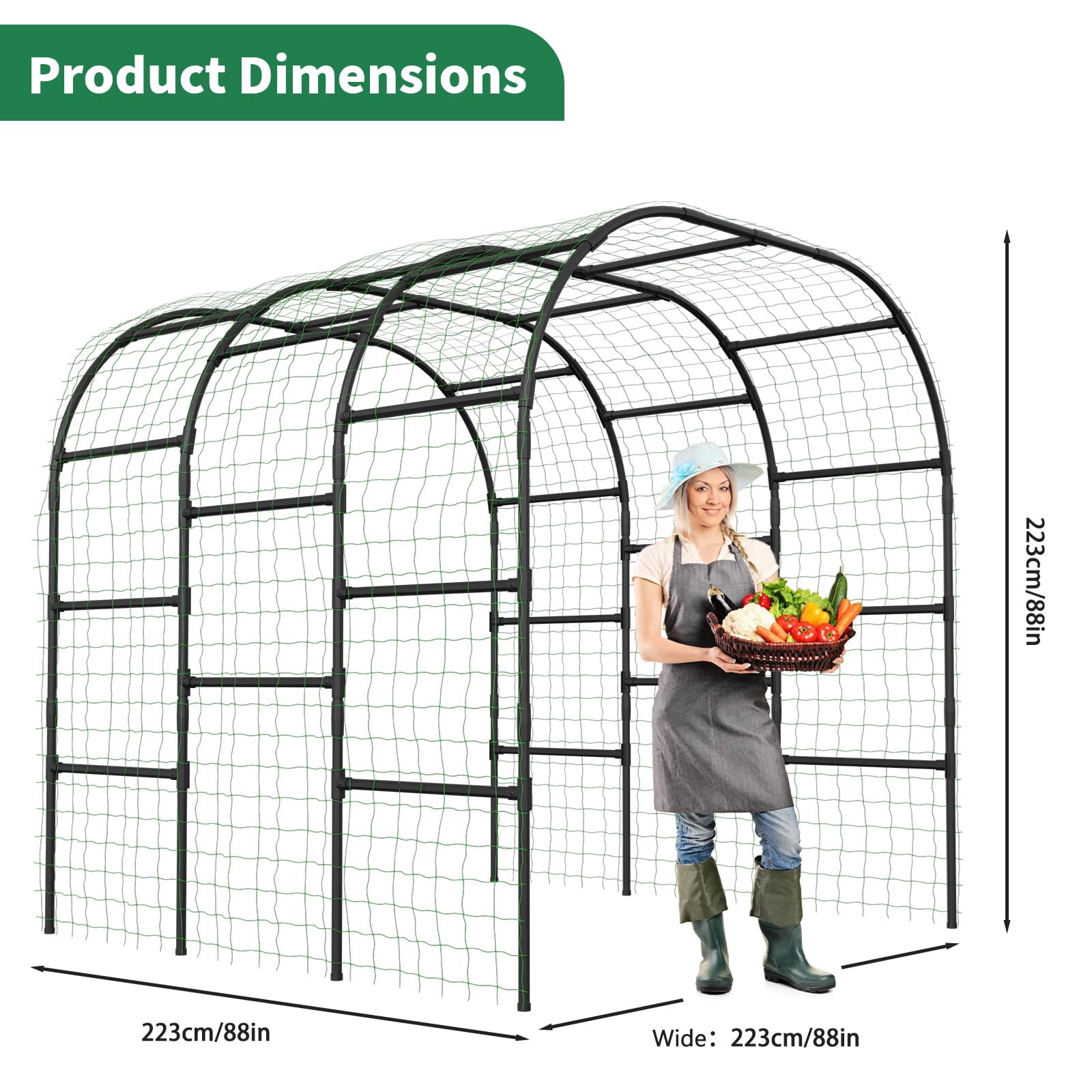 Garden Arch Trellis for Climbing Plants Outdoor, 88" x 88" x 88" Metal Core Tall Archway Tunnel Plant Support for Cucumber, Tomato, Vine Flowers, Vegetables, Climbing Plants