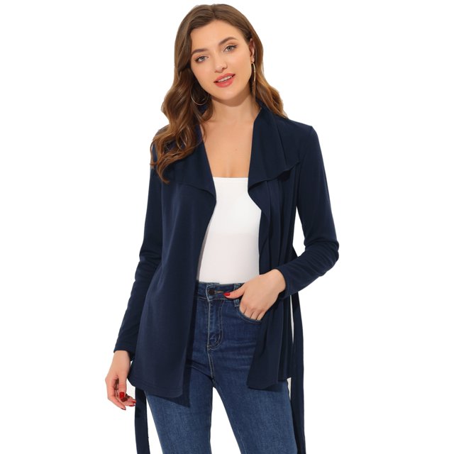 Allegra K Cárdigan de punto de manga larga con lazo en la cintura y solapa informal para mujer Azul oscuro L