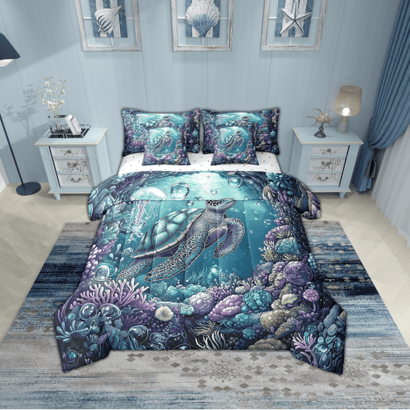 Erosebridal Sea Turtle Bedding Sets Twin Size,Ocean Wildlife Comforter Sets with Sheets,Marine Decoration,Reversible,Breathable,7pcs