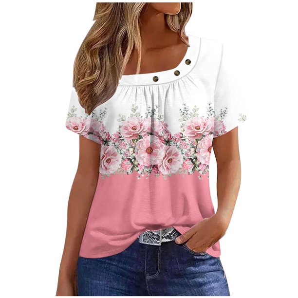 Fiudx Ofertas y Liquidaciones Camiseta Plisada de Manga Corta con Cuello Estampado para Mujer
