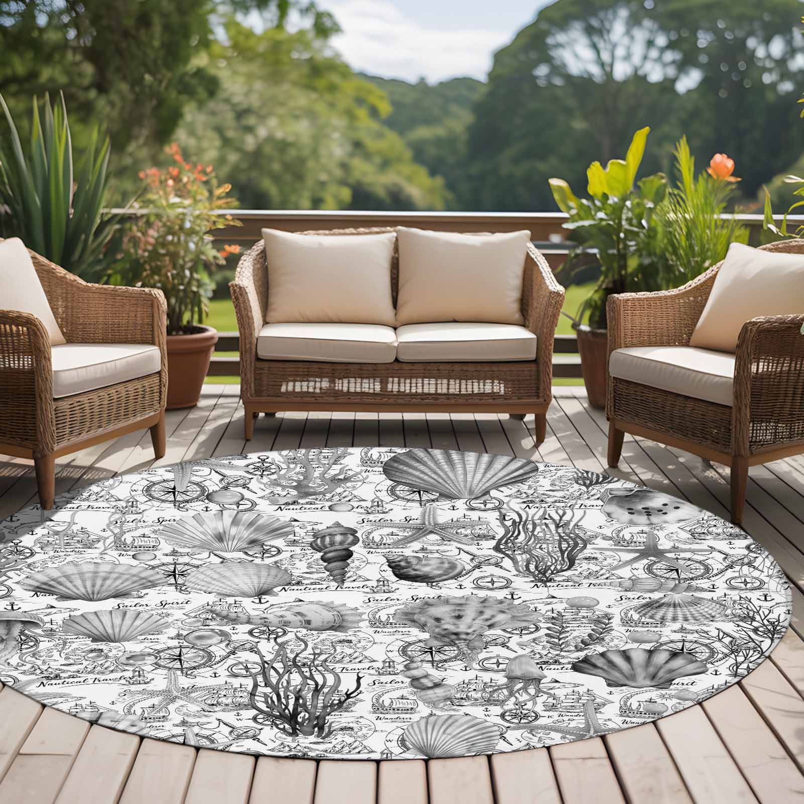 Grey Shell Starfish Coastal Round Area Rug 6Ft Washable Circle Rugs for Bathroom Office, Nautical Ocean Summer Beach Non-Slip Carpet Floor Mats Indoor Outdoor Carpet Runner Aesthetic Home Decor