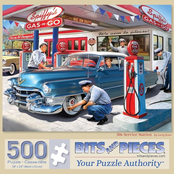 500 Piece Jigsaw Puzzle “50s Service Station” Cars by Larry Jones 18"x24"