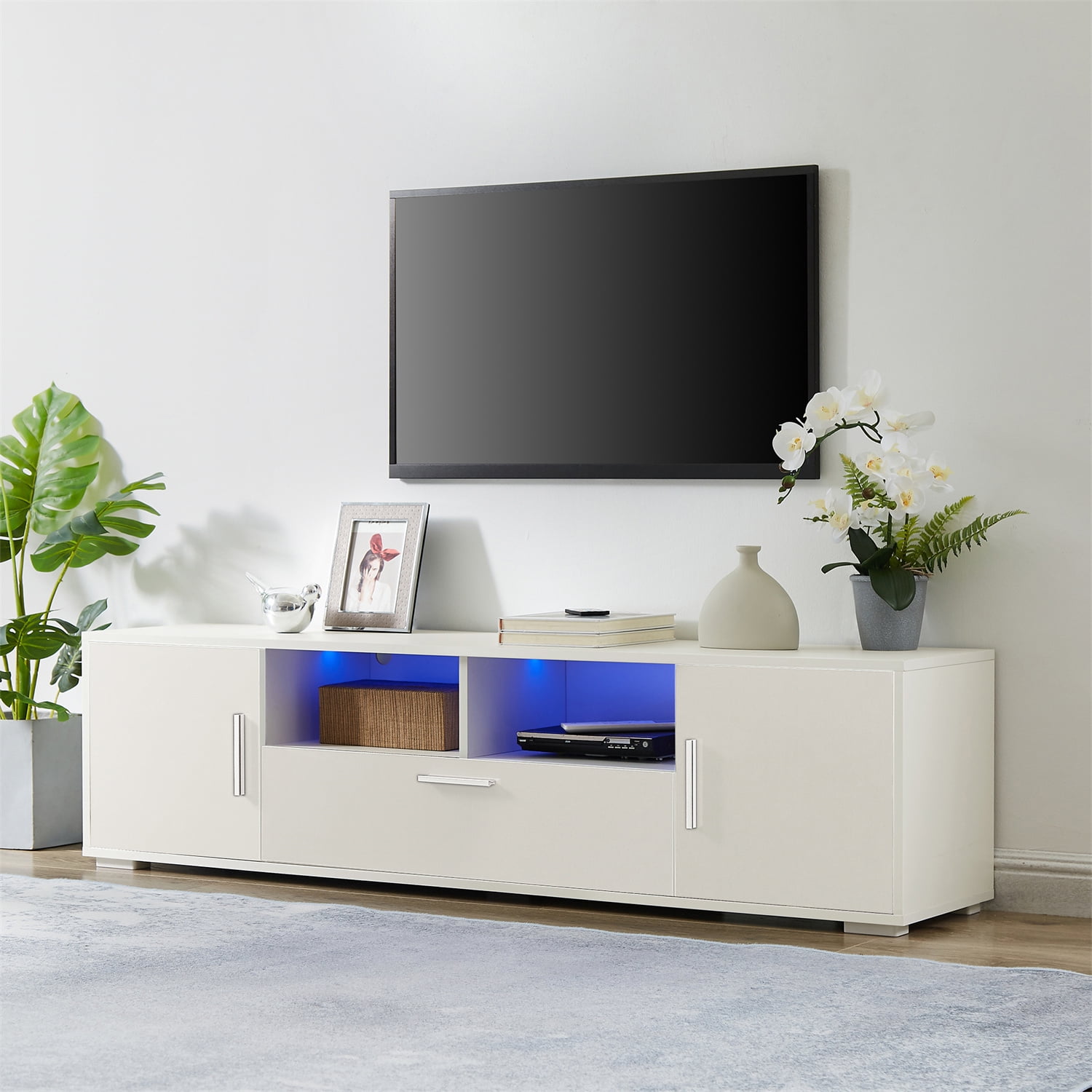 Tv Stand For Tvs Up To 65 Morden Tv Cabinet With Led Lights 63 X 14 X 16 H White Walmart Com