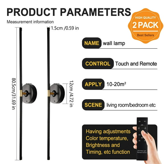 Battery Operated Wall Sconces Set of 2, Detachable Wireless Wall Lamps 360 ° Rotate, 10000mAh Rechargeable Wall Lights for Bedroom, Living Room,3000-6500K Dimmable, 32 Inch Black and Gold