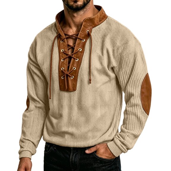 Fnooota Men's Sweatshirts, Pullover Lace up Henley Collar Long Sleeve Corduroy Fall Tops Khaki Size S-3XL
