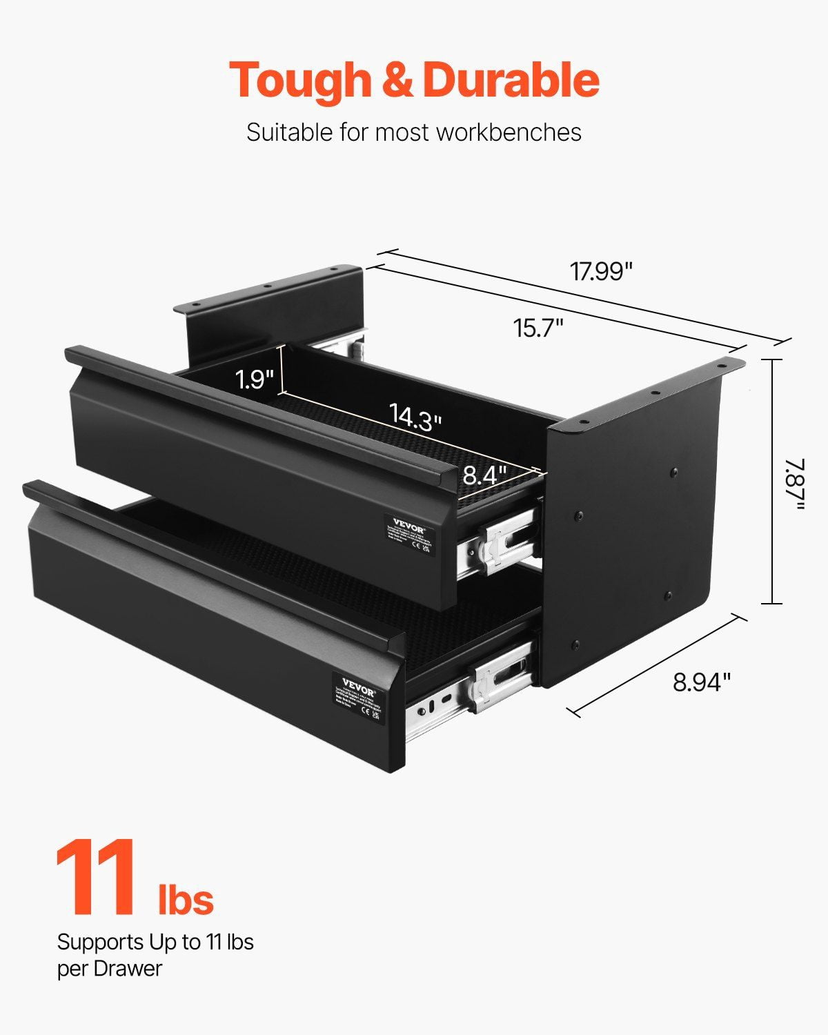 16 Inch Wide Under Desk Slide Out Drawer Hidden 2 Layer Storage Organizer 18x9x8 Inches