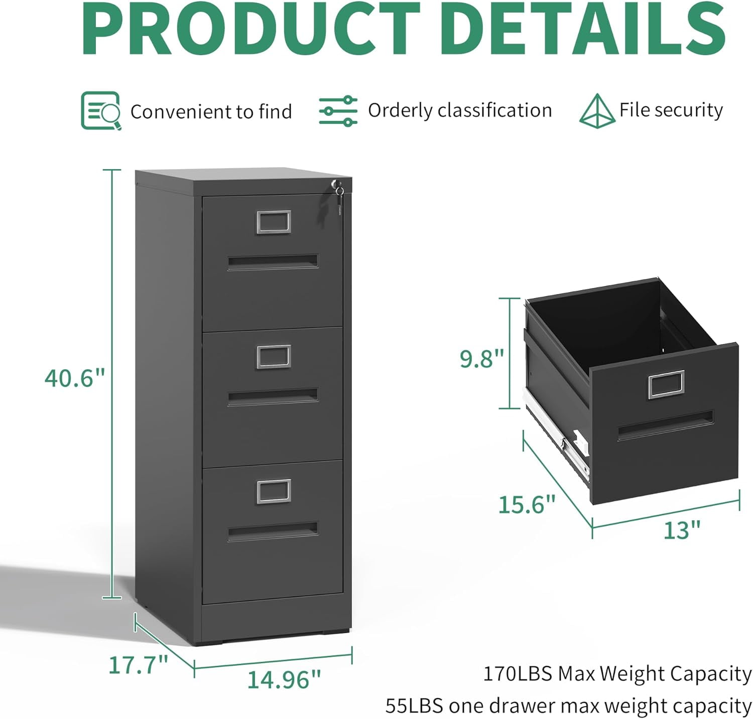 File Cabinet, 3 Drawers Vertical File Cabinets with Lock for Home Office,Heavy Duty Office Steel Filing Cabinet for Hanging Letters/Legal/A4, Assembly Required,Black