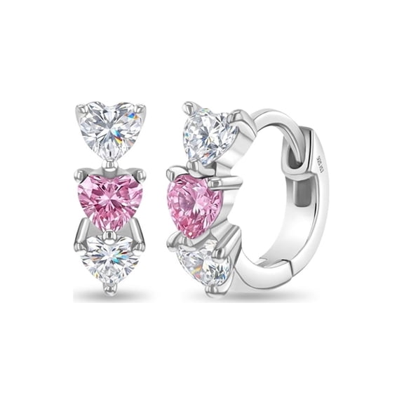 925 Sterling Silver Young Girl's Clear Pink CZ Heart Huggie Earrings 10mm