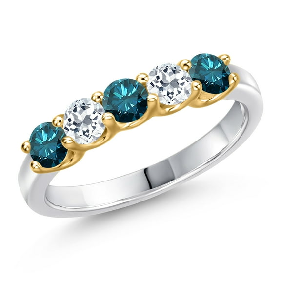 Gem Stone King 10K Two Tone Gold Blue Diamond and White Topaz Wedding-Bands Ring for Women | 0.88 Cttw | Round 3.5MM | Gemstone April Birthstone | Size 8
