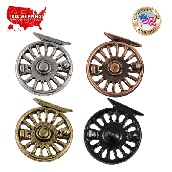 Fishing Reel, Fly Fishing, Pewter, Hat, Lapel, Brooch, Pin, Pins, Made in USA, Over 200 Fishing Designs Available, Creative Pewter Designs.