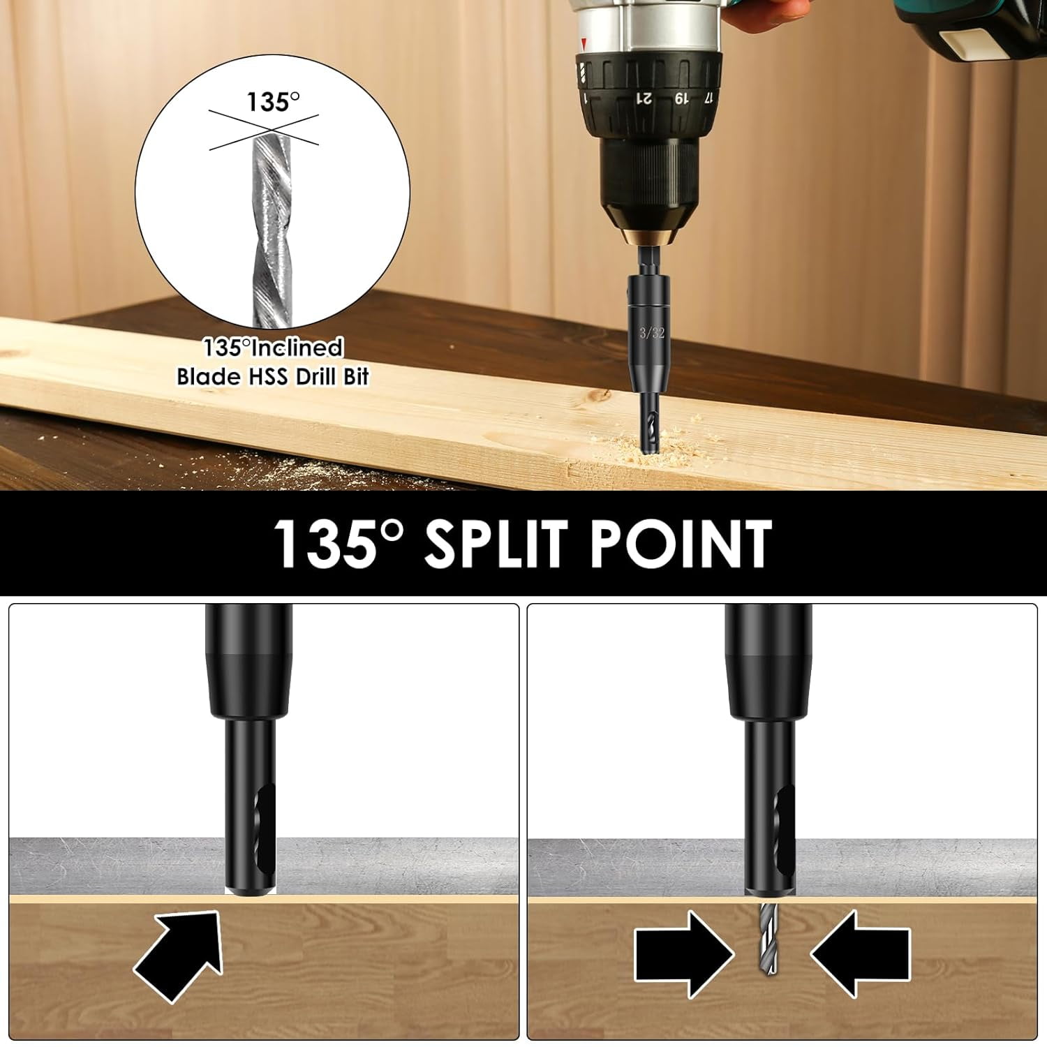 ABCISI 18 PCS Self Centering Hinge Drill Bit Set, 6 PCS 1/4" Hex Shank VIX Bit & 10 PCS 1/64”-5/64” Hinge Center Drill Bits & 2 PCS Hex Key for Woodworking Wood Cabinet Window Door