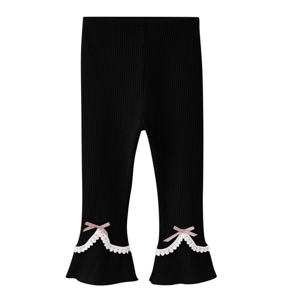 Odeerbi 2-9 Years Toddler Girls Cotton Leggings Stretchy Tights Compression Pants Solid Color Bow Middle Waist Wide Leg Pantyhose