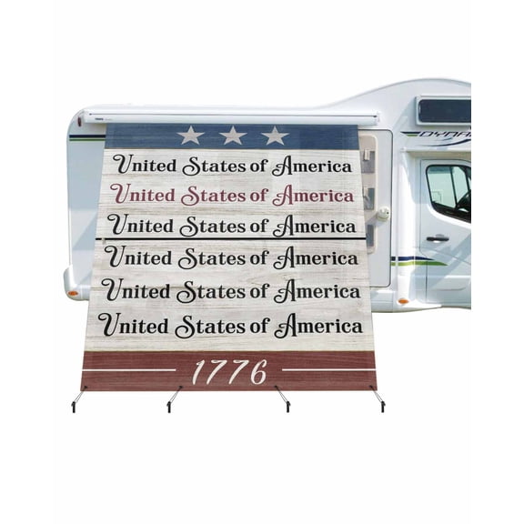 4th of July RV Awning Sun Shade Screen 9'X7' United States of America Mesh Sunscreen Stars Stripes Wood Grain Awning Shade Screen with Zipper UV Blocker Completed Kits for RV Motorhome Camper