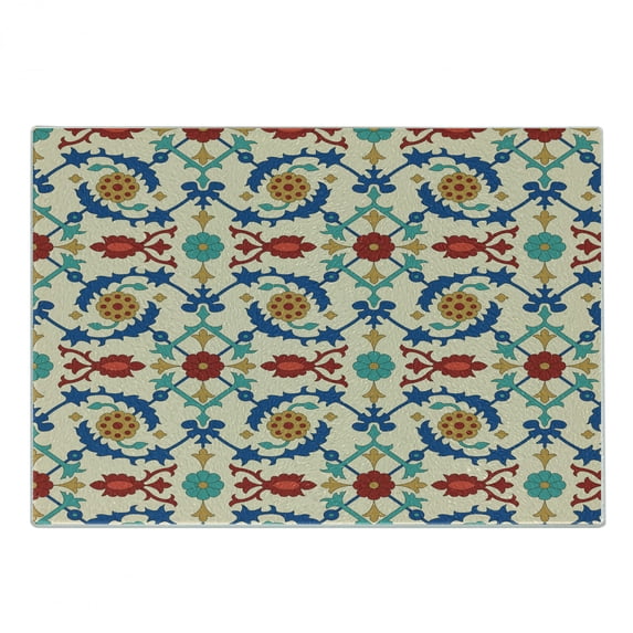 Moroccan Cutting Board, Nostalgic Eastern Art Motifs with Floral Ornaments with Baroque Inspiration Ethnic, Decorative Tempered Glass Cutting and Serving Board, Small Size, Multicolor, by Ambesonne