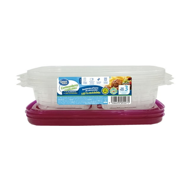 Contenedores para alimentos reutilizables Great Value tres divisiones 3 piezas