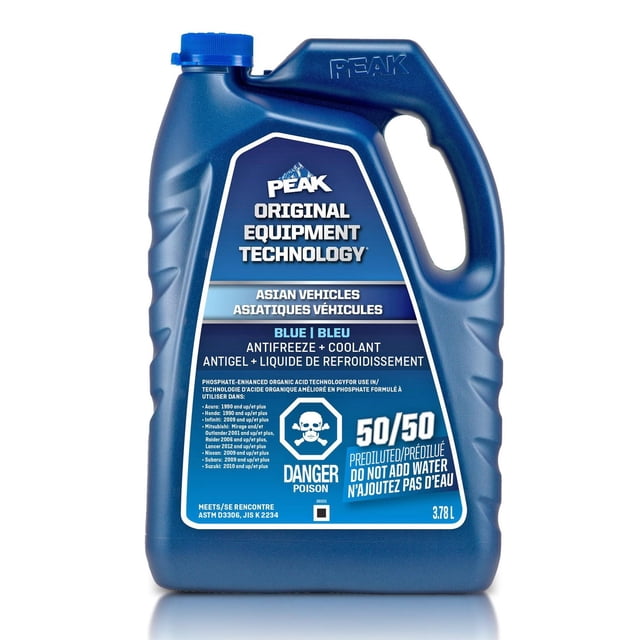 PEAK® OET Extended Life Blue 50/50 Pre-Diluted Antifreeze/Coolant for Asian Vehicles, 3.78 Liters, in a blue plastic jug with handle and cap, labeled for use in Asian vehicles with phosphate-enhanced organic acid technology, protecting engine cooling systems from rust and corrosion, pre-diluted formula with poison warning and instructions not to add water.