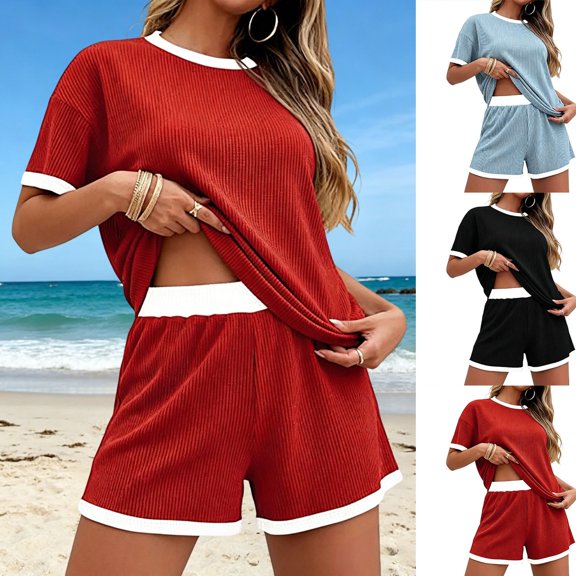 Mifsaly Womens Short Sets 2 Piece Outfits Ribbed Knit Short Sleeve Crewneck T-Shirt and Contrast Trim Summer Shorts 2026 Red,XL