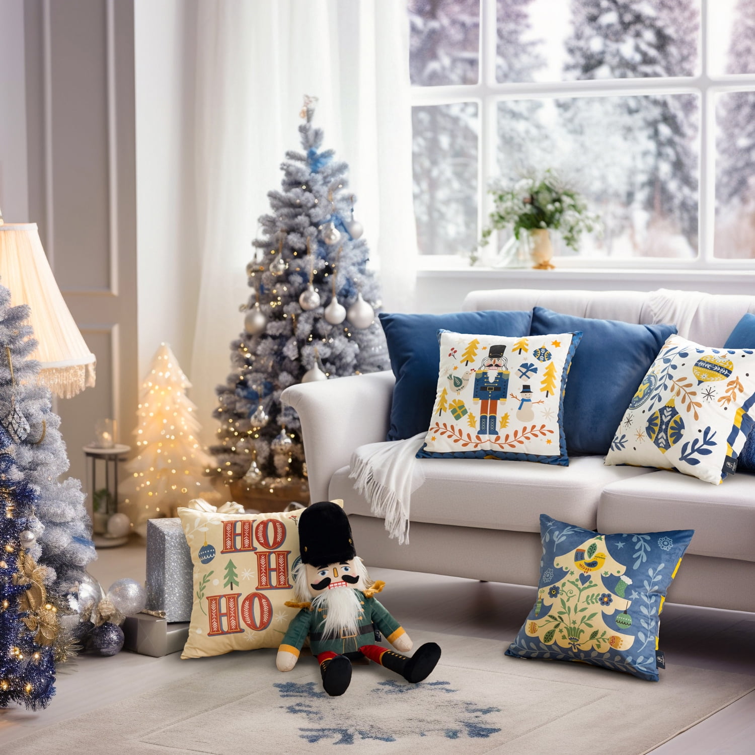 Christmas Nutcracker Velvet Decorative Pillows, Color Blocking Printed Christmas Series, 18" x 18", Blue and Gold, Set of 4