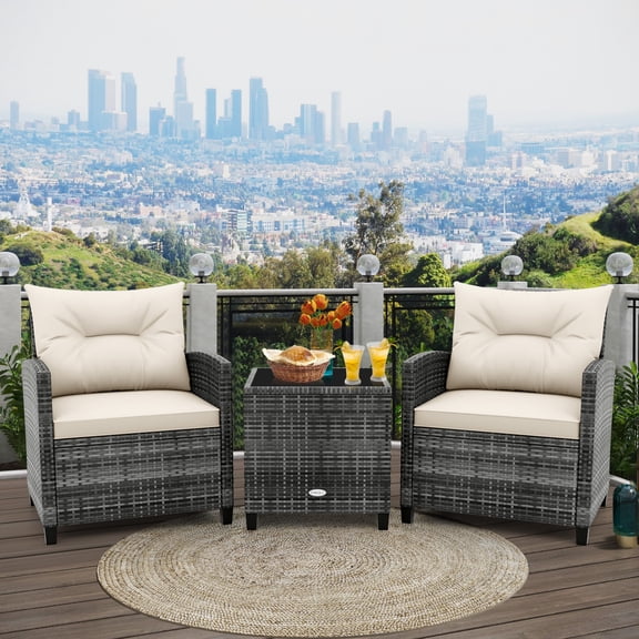 Gymax 3PCS Patio Rattan Furniture Bistro Set Cushioned Sofas Side Table Armrest