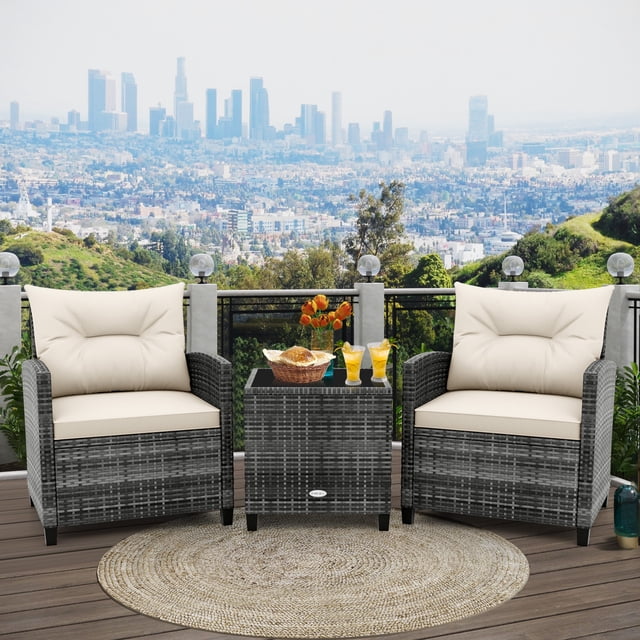 Gymax 3PCS Patio Rattan Furniture Bistro Set Cushioned Sofas Side Table Armrest