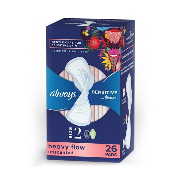 Always Sensitive FlexFoam Pads, Size 2 Heavy Flow Absorbency, Unscented, 26 ct