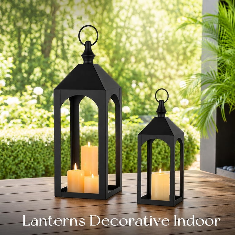 Nuptio Black Metal Pillar Candle Holder Lantern Set Of 2 photo 3
